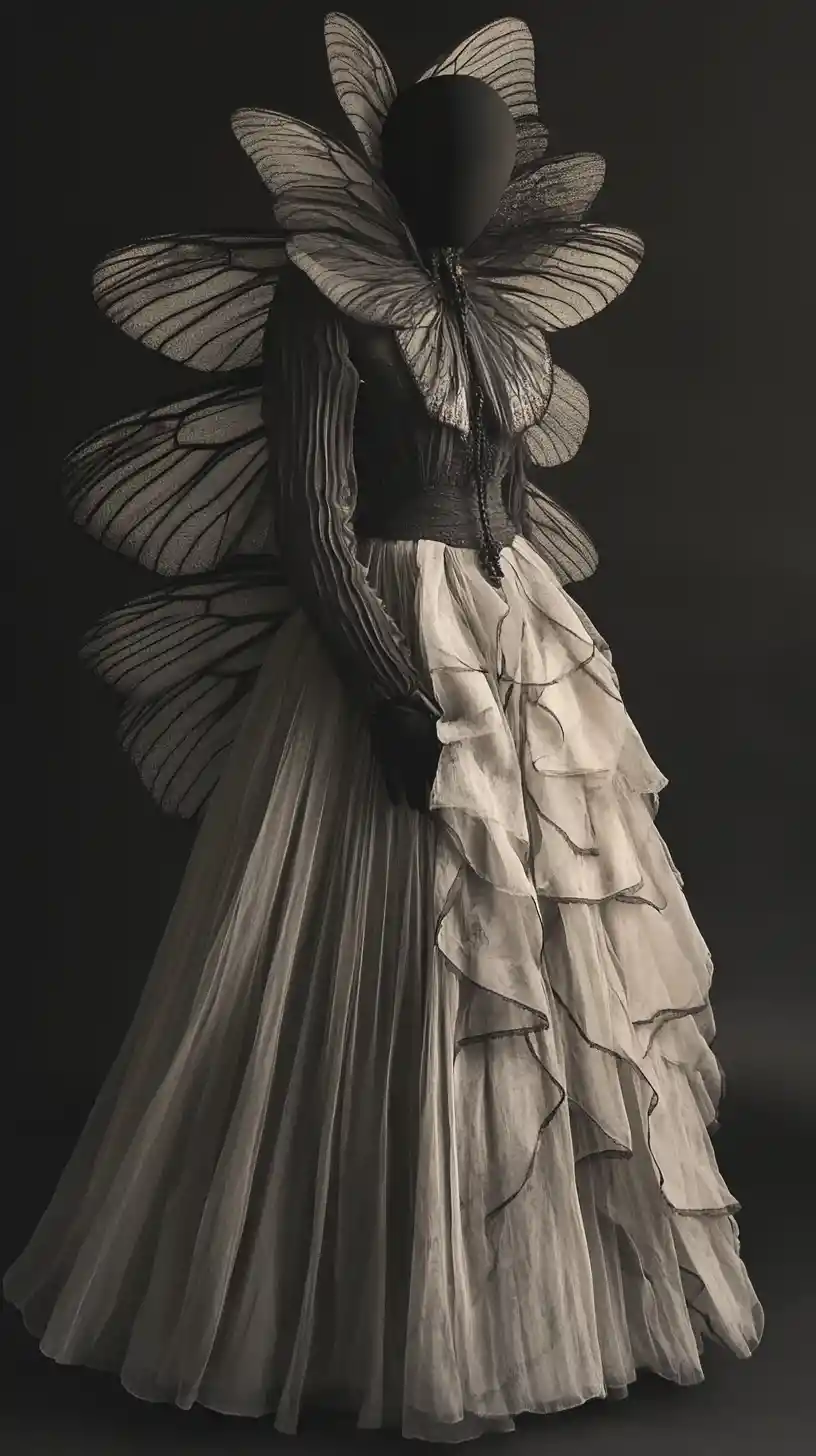 Woman in structured victorian outfit with delicate moth veil