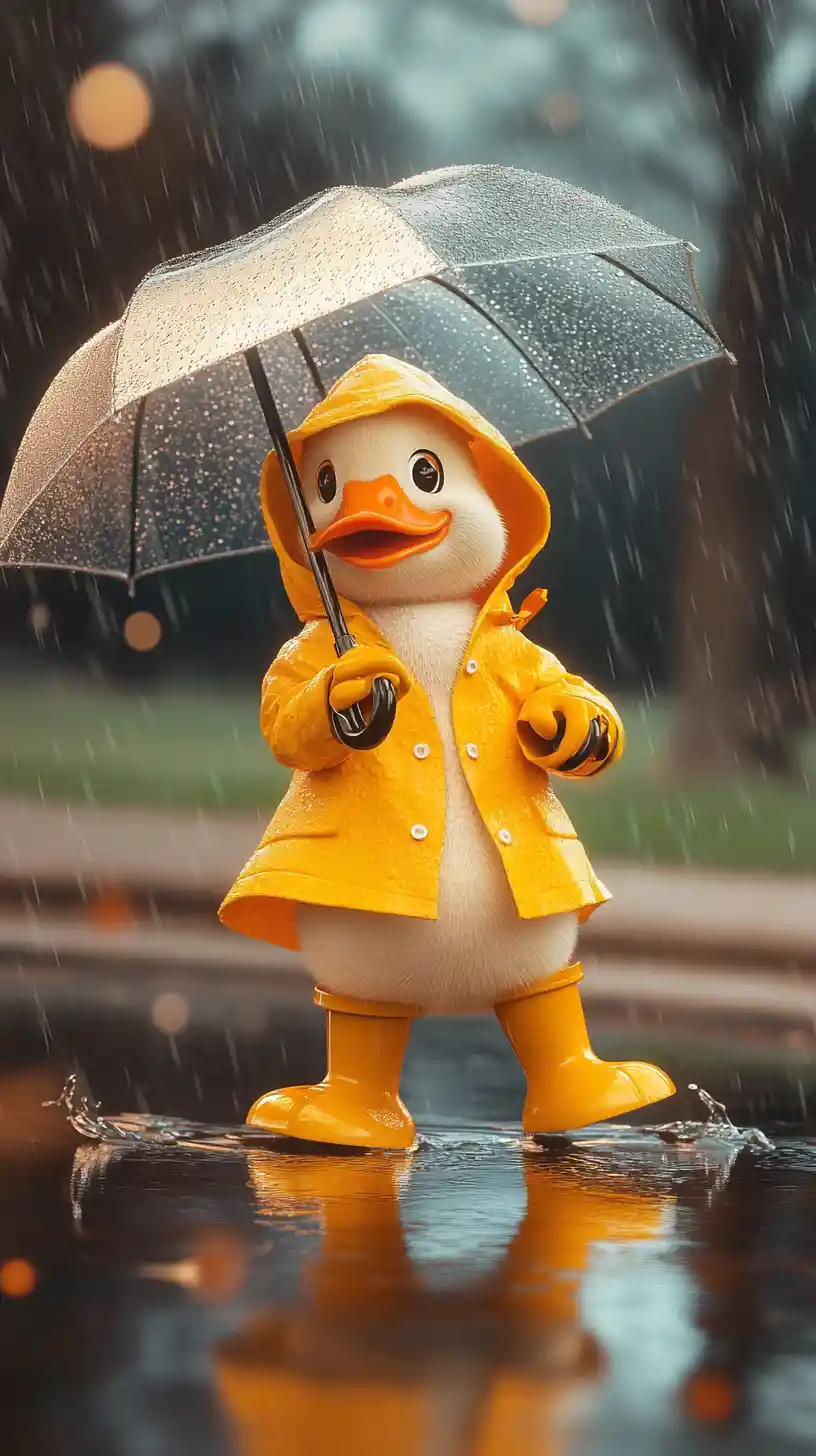 Cheerful Duck In Yellow Raincoat Splashing In A Puddle