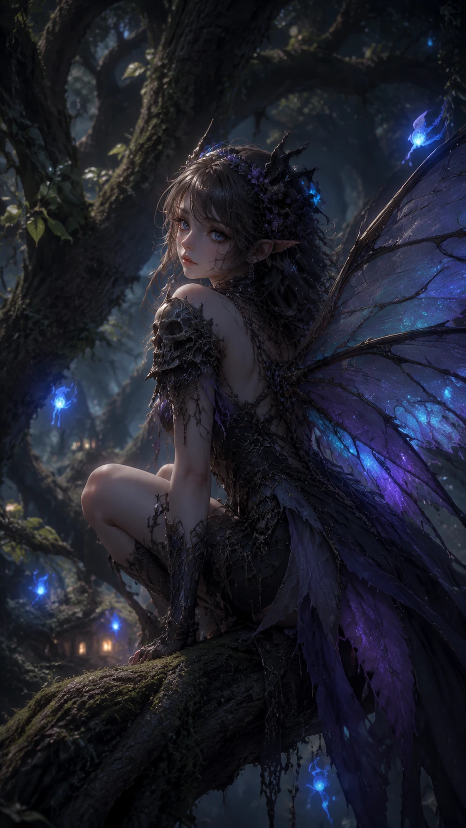 Winged guardian among ancient trees with ghostly lights