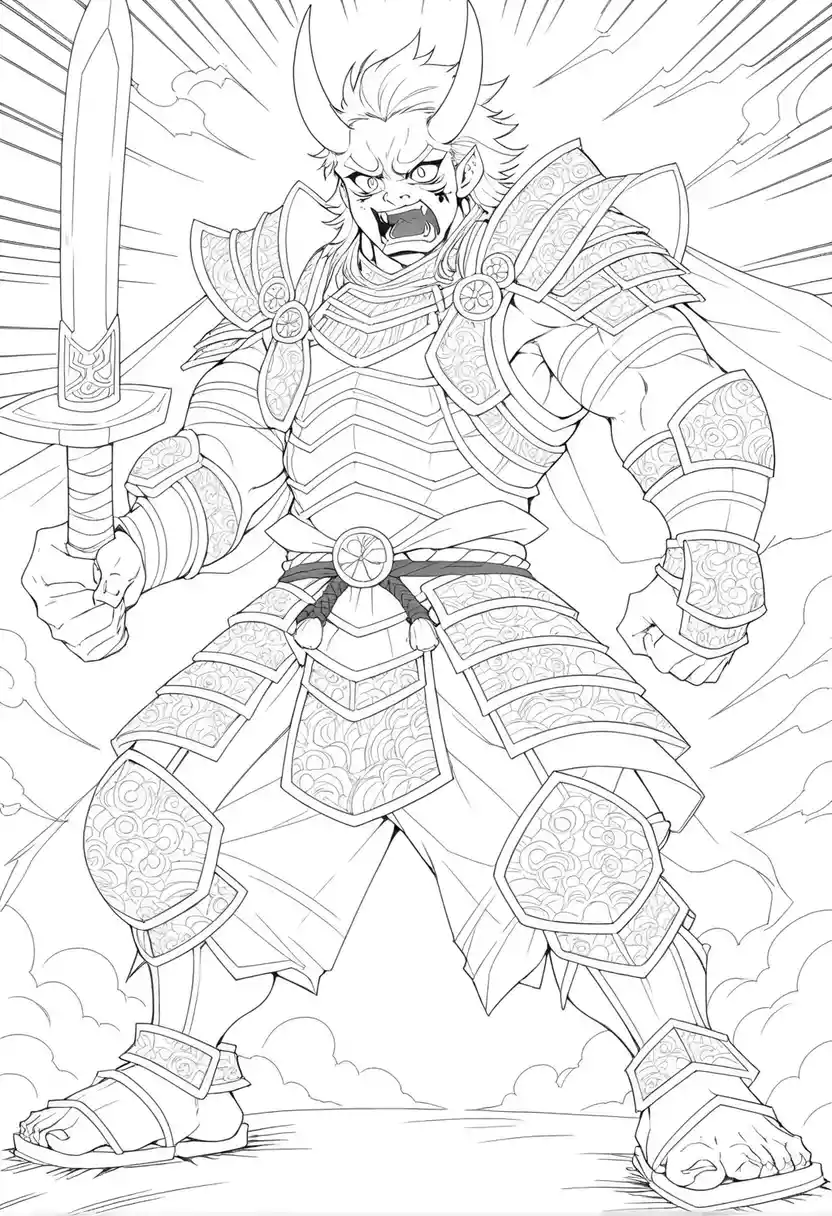 Legendary oni warrior in ornate samurai armor line art