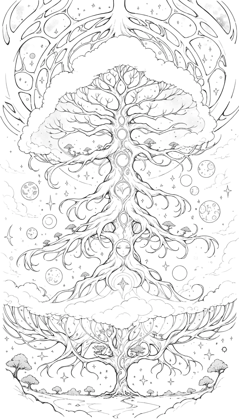 Colossal cosmic world tree linking distant floating realms