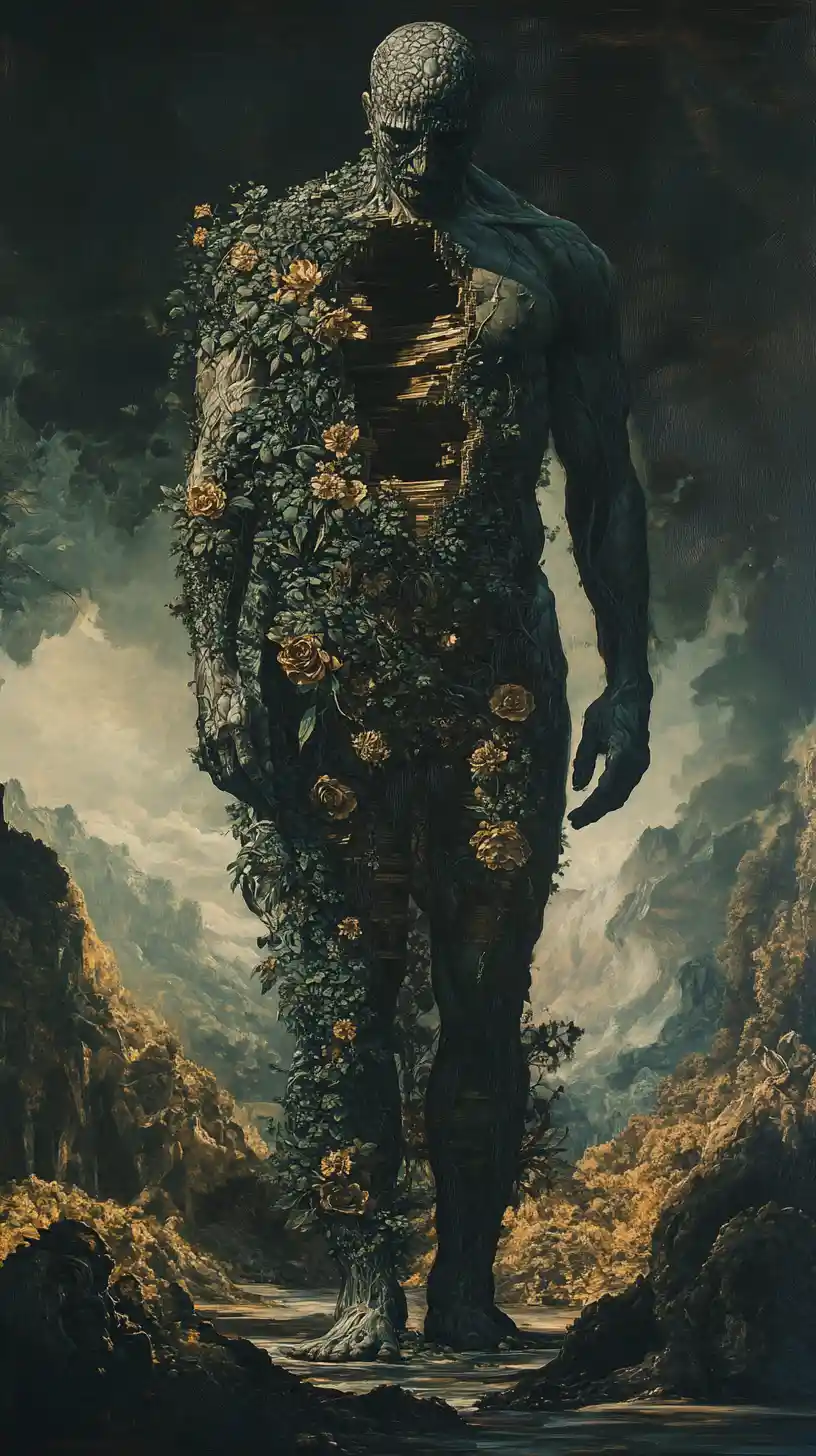 Colossal floral stone giant towering over surreal landscape