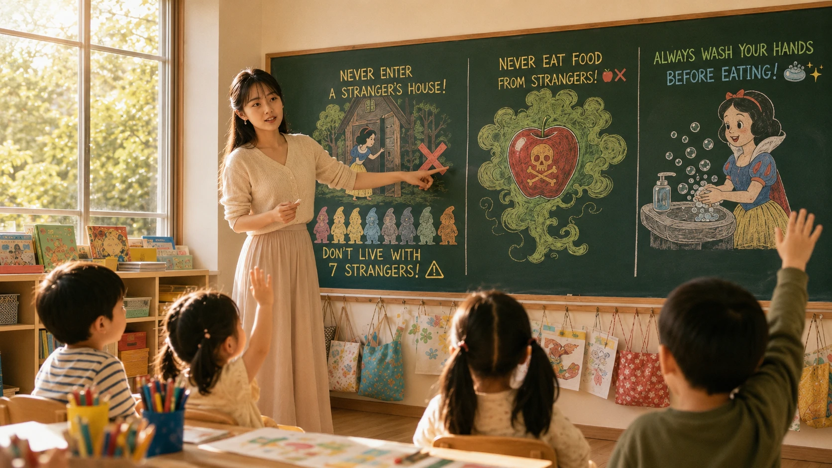 Teacher explaining safety rules on a fairy tale chalkboard
