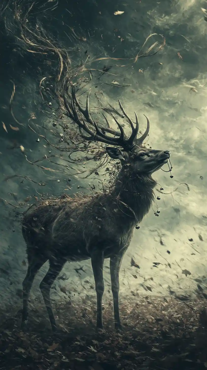 Deer Struggling In Violent Wind With Ribbons And Bells
