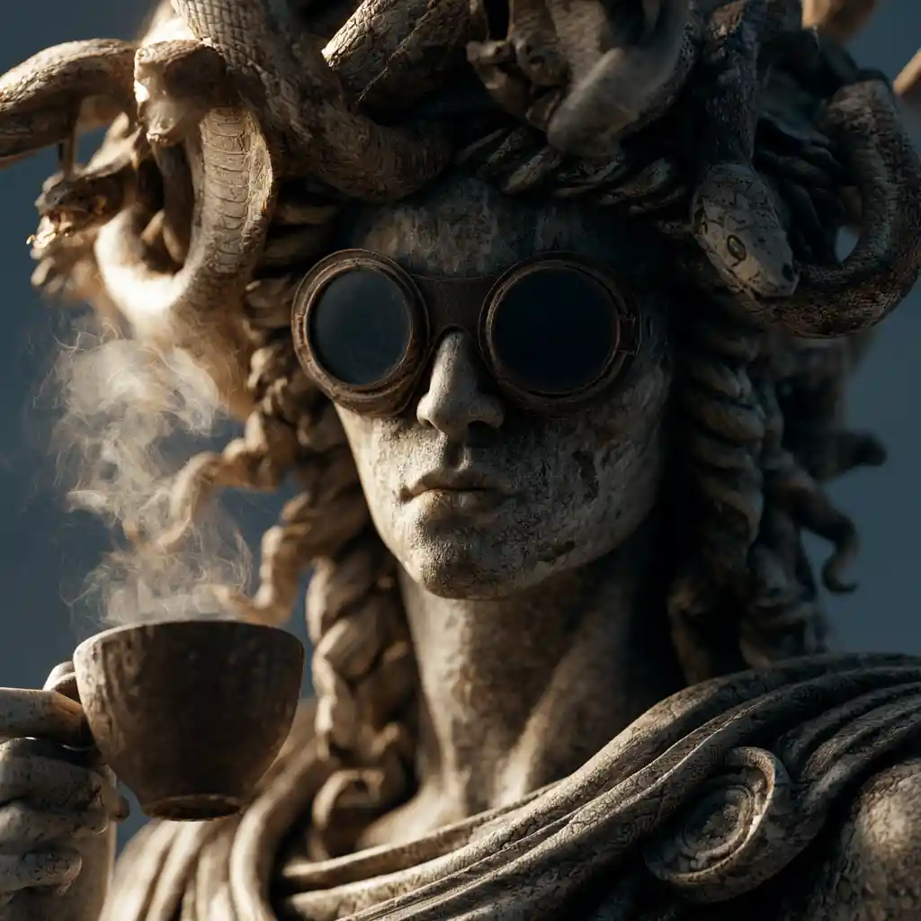 Medusa Statue With Sunglasses And Coffee In Dark Fantasy Portrait