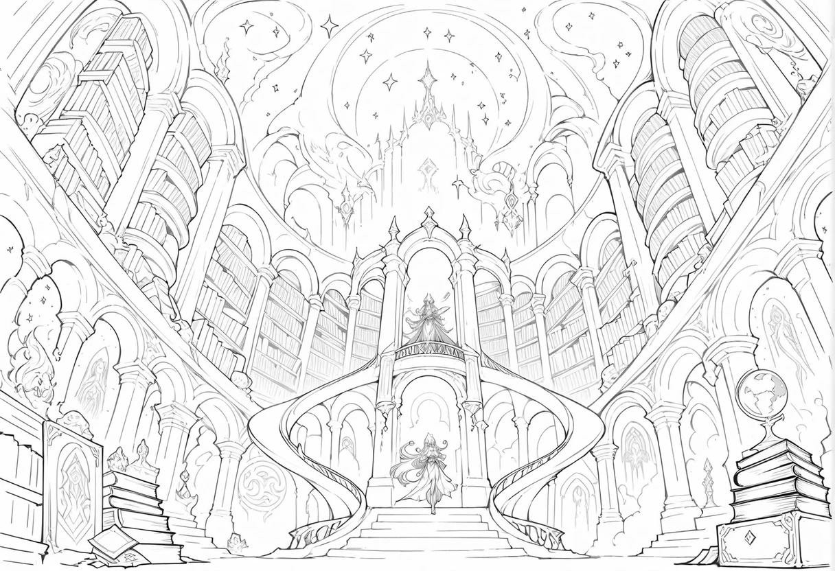 Endless Fantasy Library With Towering Shelves And Spiral Staircases