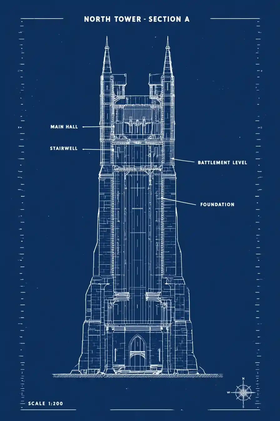 Medieval tower architectural blueprint in white on blue