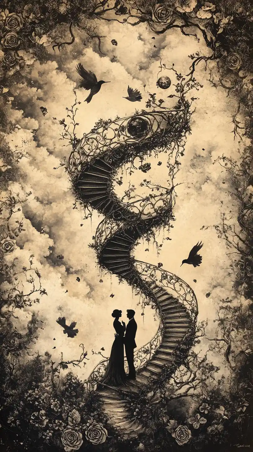 Victorian couple beneath a spiraling rose thorn staircase