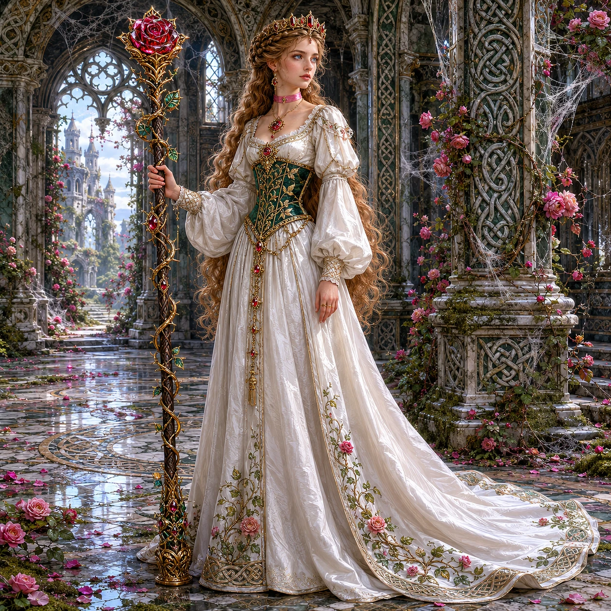 Renaissance style full length portrait of a crowned noblewoman