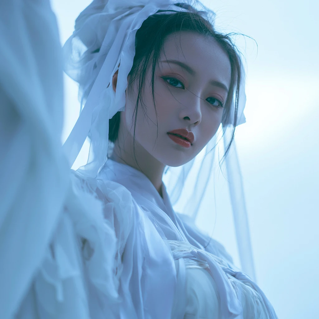 Young woman in white traditional attire outdoors at dawn