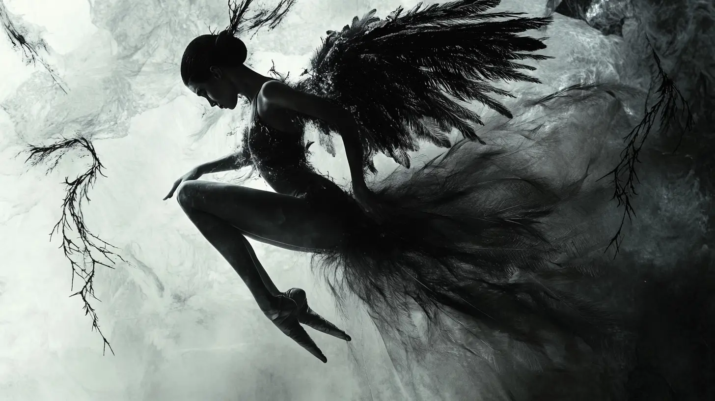 Elegant ballerina figure amid feathers thorns and mist