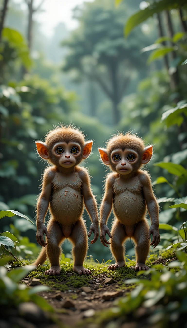 Two scared baby monkeys at the edge of a jungle
