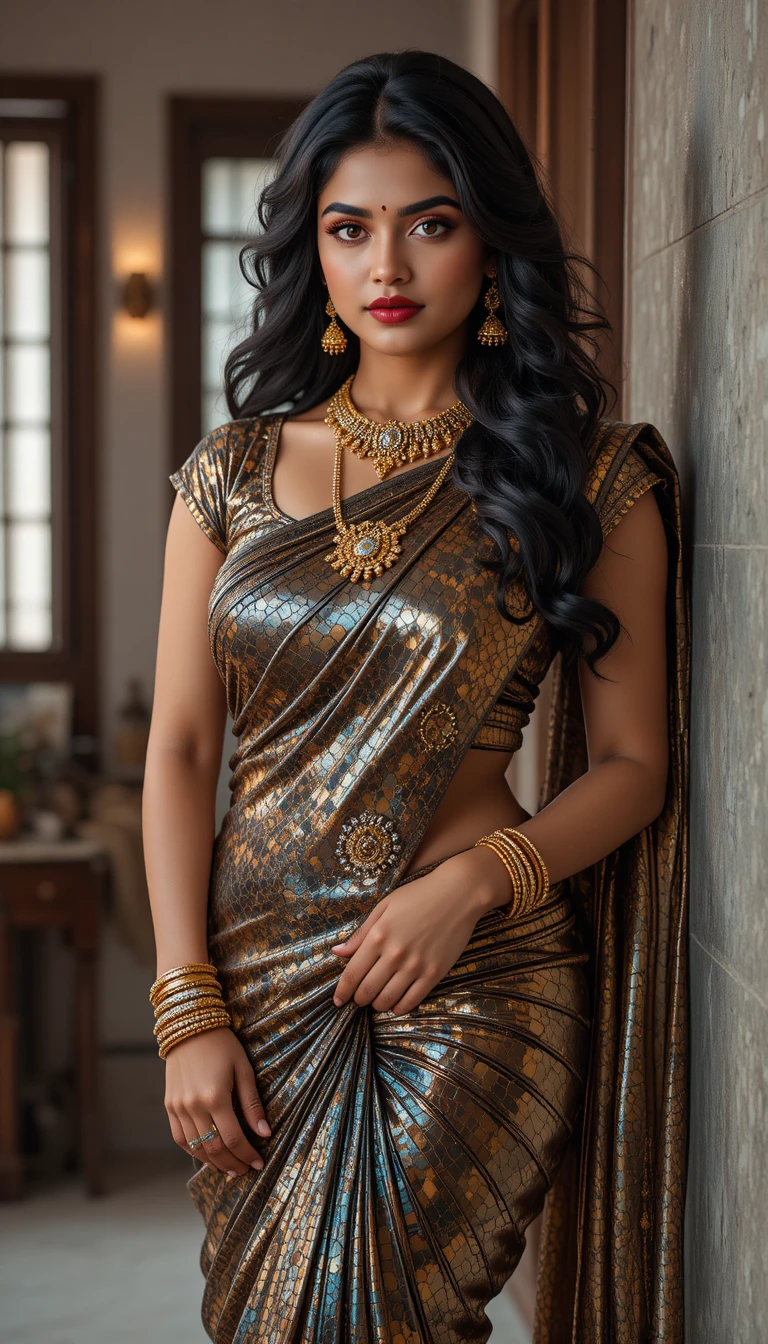 Tamil woman in glossy mirror saree bending elegantly indoors