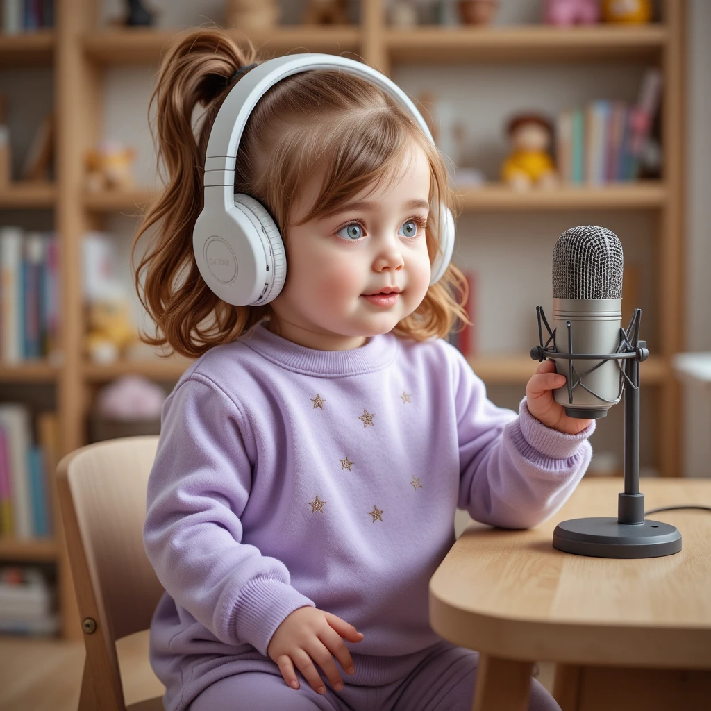 Toddler girl with headphones at cozy home podcast desk