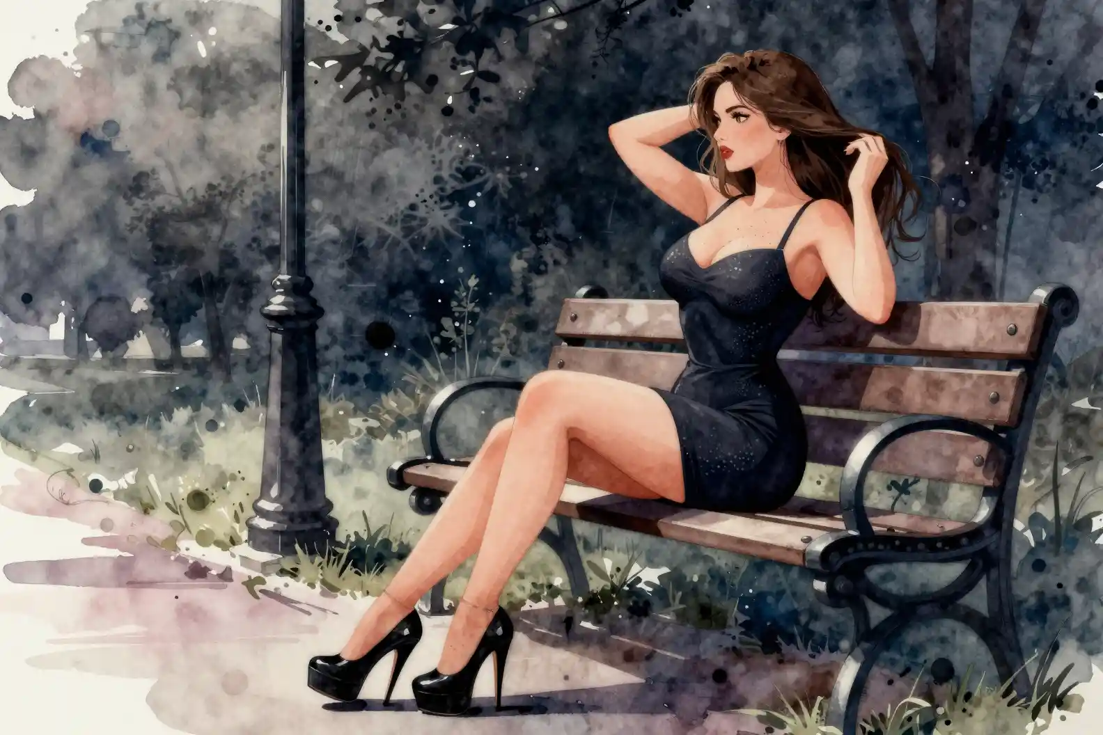 Curvy woman on park bench in dark watercolor scene