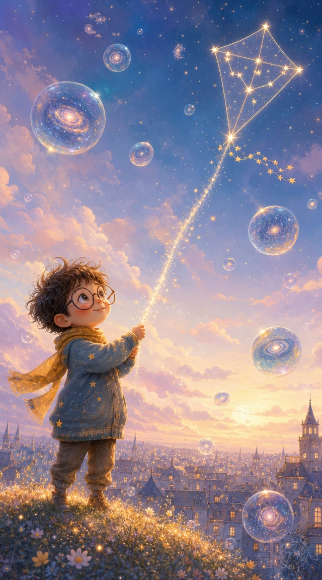 Child Flying A Glowing Constellation Kite In Pastel Sky