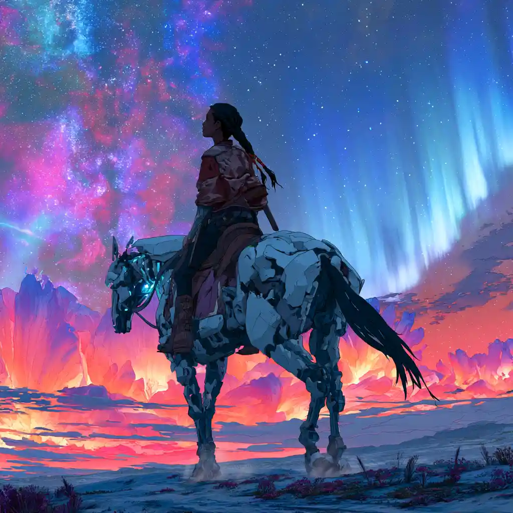 Cyberpunk warrior woman riding robotic horse in cosmic bloom