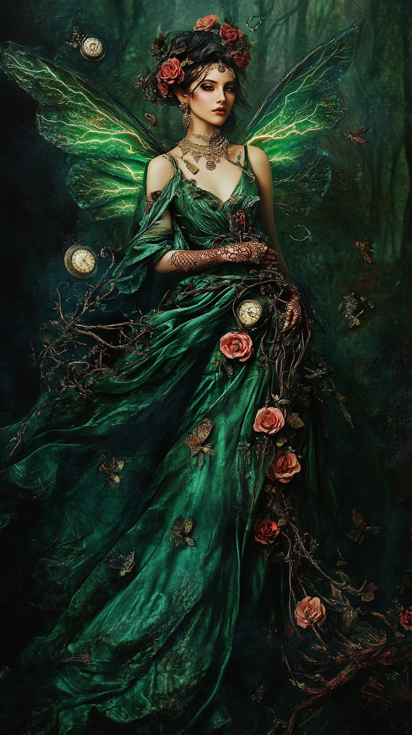Fairy Queen In Emerald Gown With Roses And Clockwork