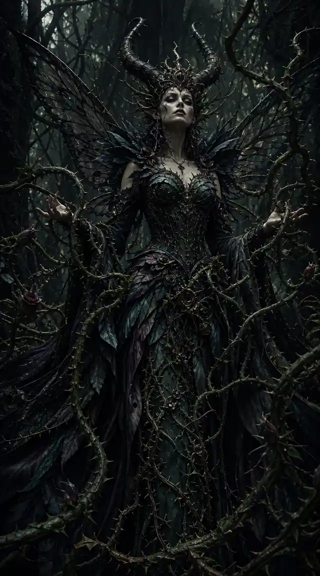 Dark fairy queen commanding thorn vines in gothic forest