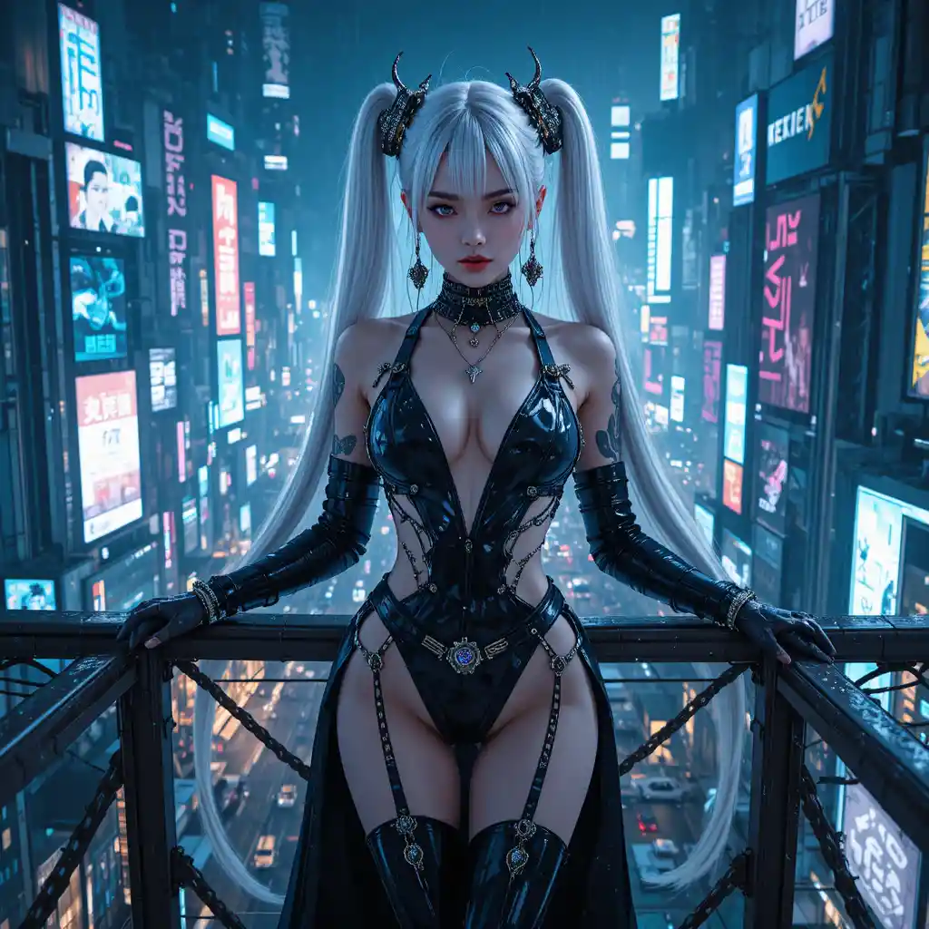 Cyberpunk fashion woman on neon city skybridge