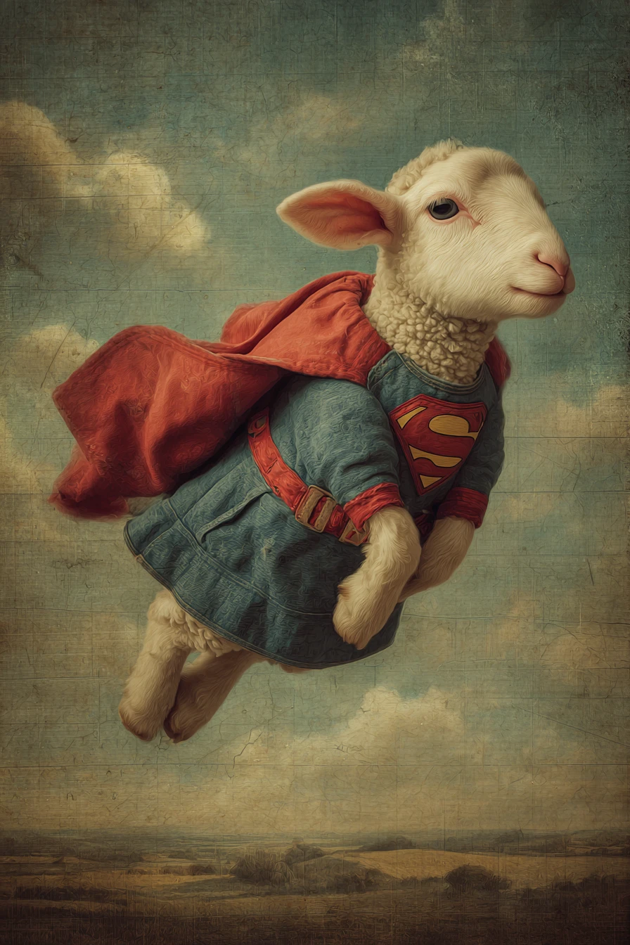 Flying sheep in a surreal vintage superhero sky scene