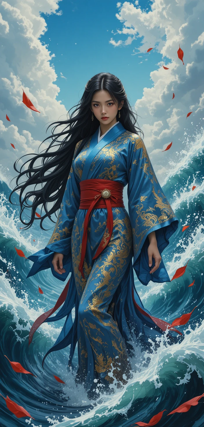 Asian woman in blue kimono standing in a stormy ocean