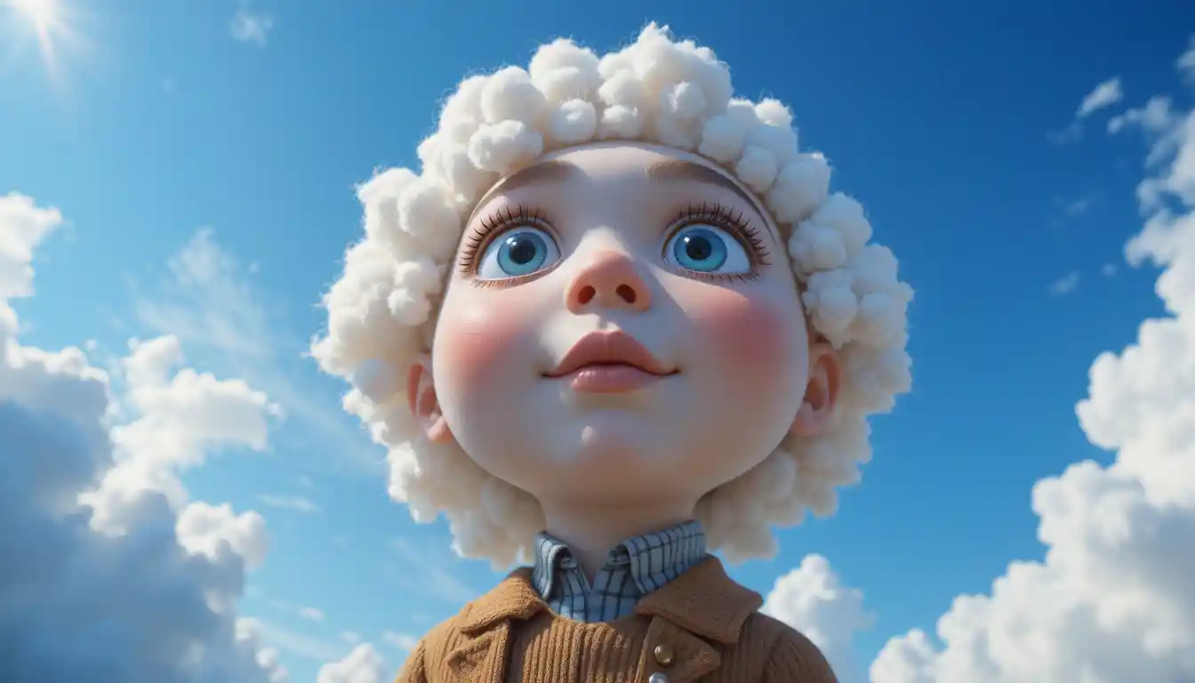 Cute cotton doll portrait against a bright blue sky
