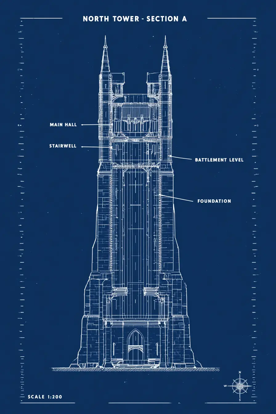 Medieval tower architectural blueprint in white on blue
