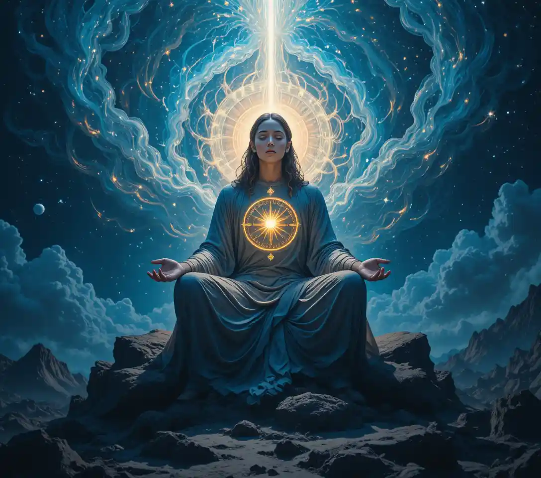 Enlightened figure in a celestial realm of swirling knowledge