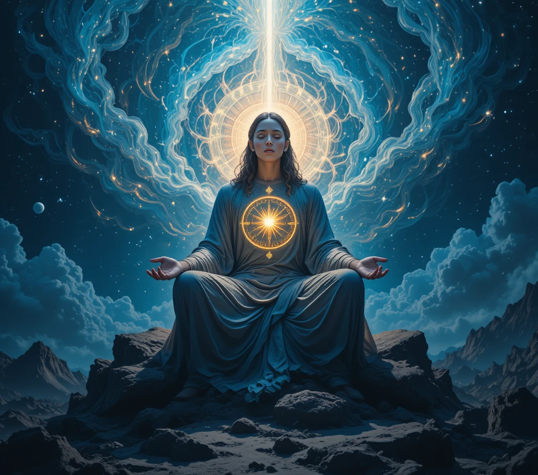 Enlightened figure in a celestial realm of swirling knowledge