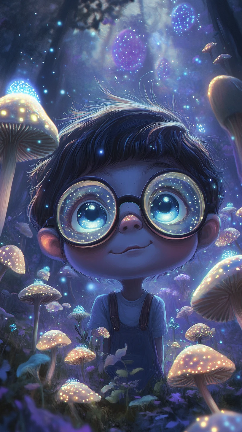 Child With Oversized Glasses In Glowing Fantasy Forest