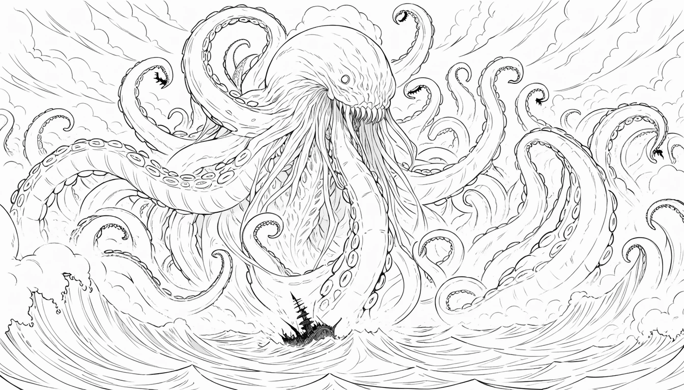 Ancient sea monster rising from stormy ocean waves