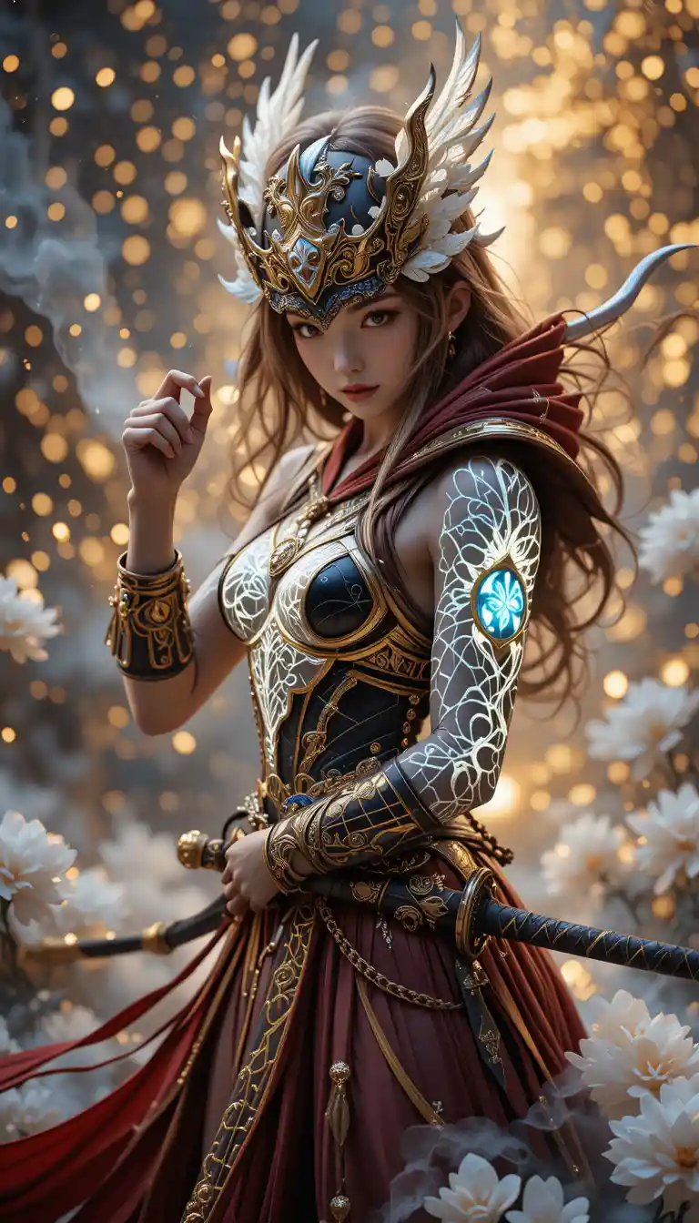 Mythical female warrior with glowing filigree in battle stance