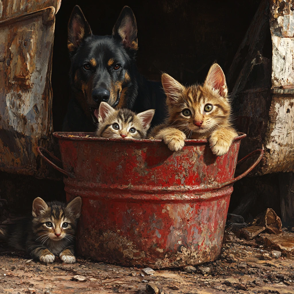 Mother cat and kittens resting inside an old rusty bucket