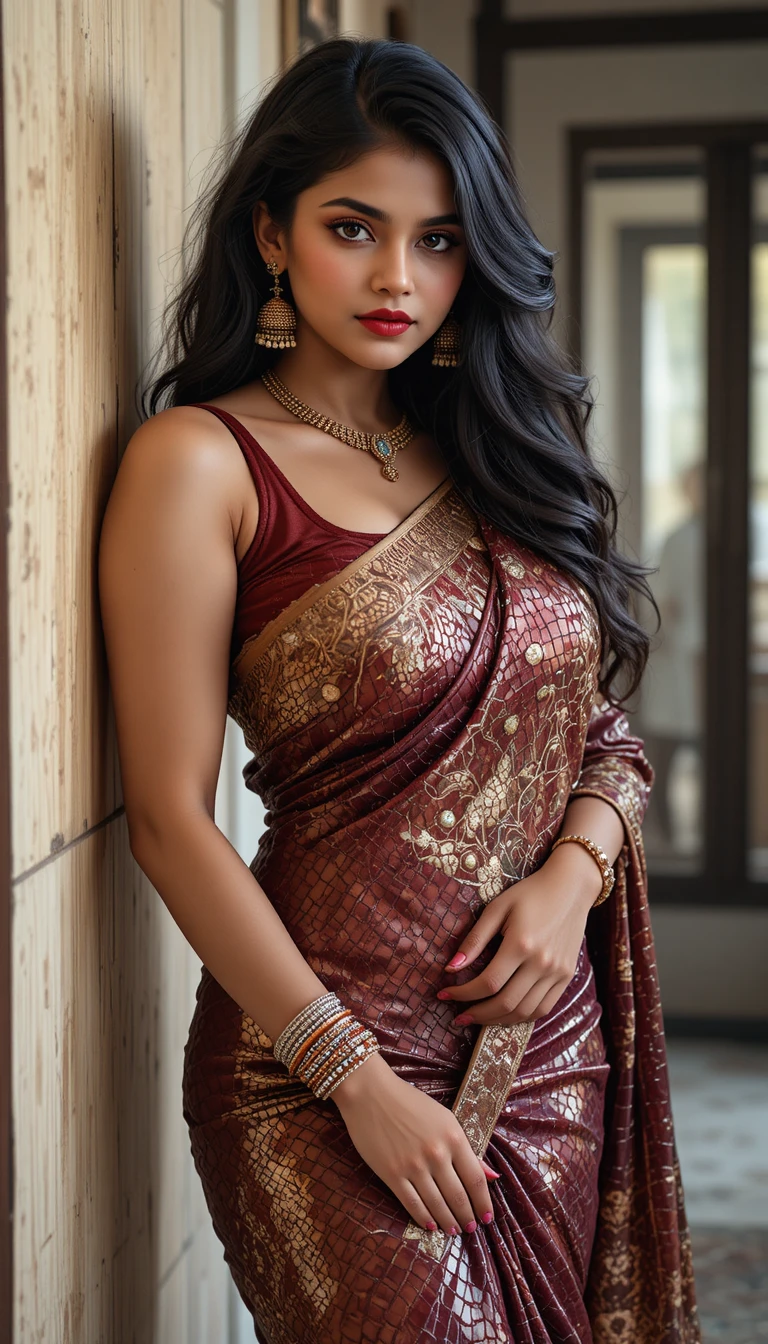 Tamil woman in glossy saree bending in a full body pose