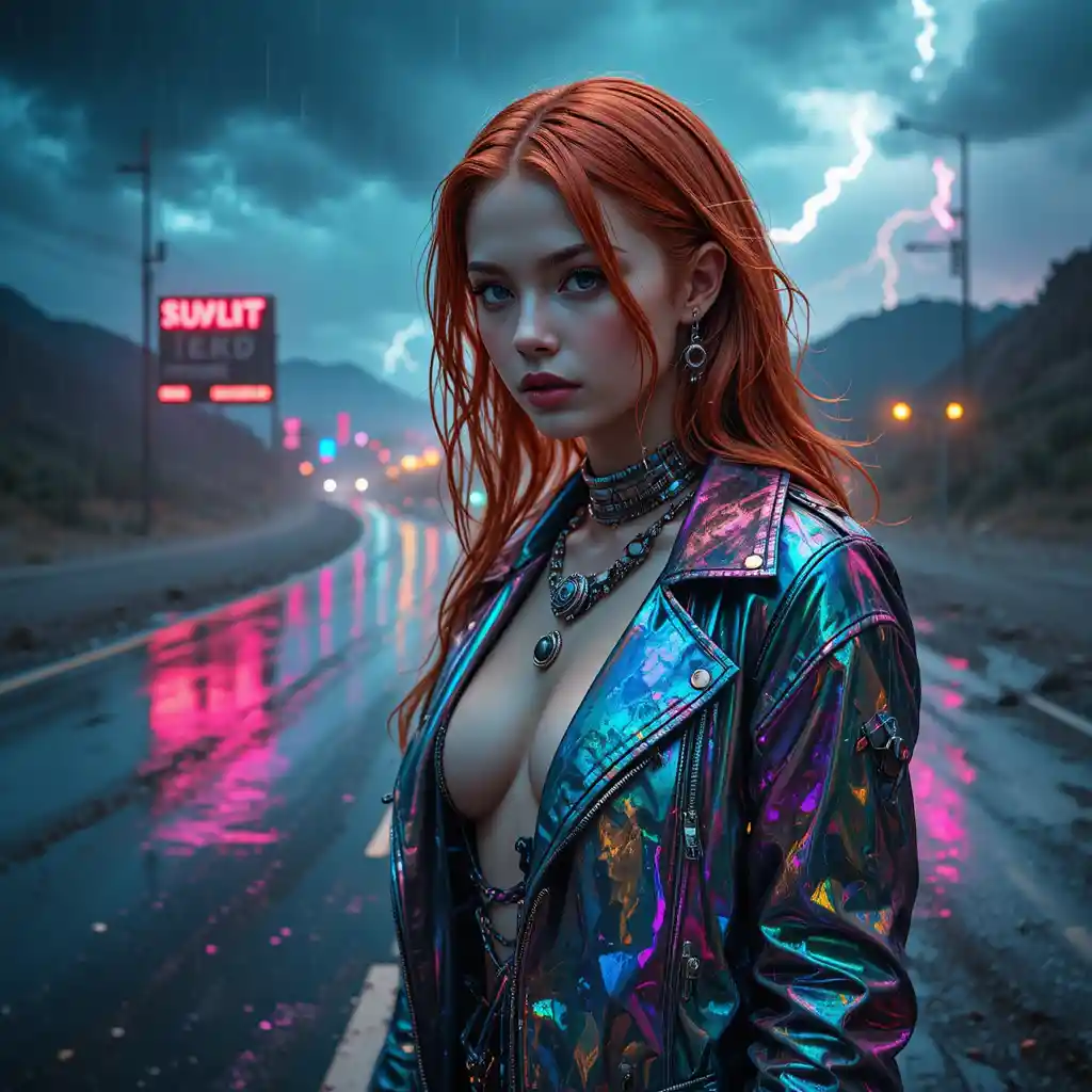 Cyberpunk-Frau an neonbeleuchteter Autobahn im Regen