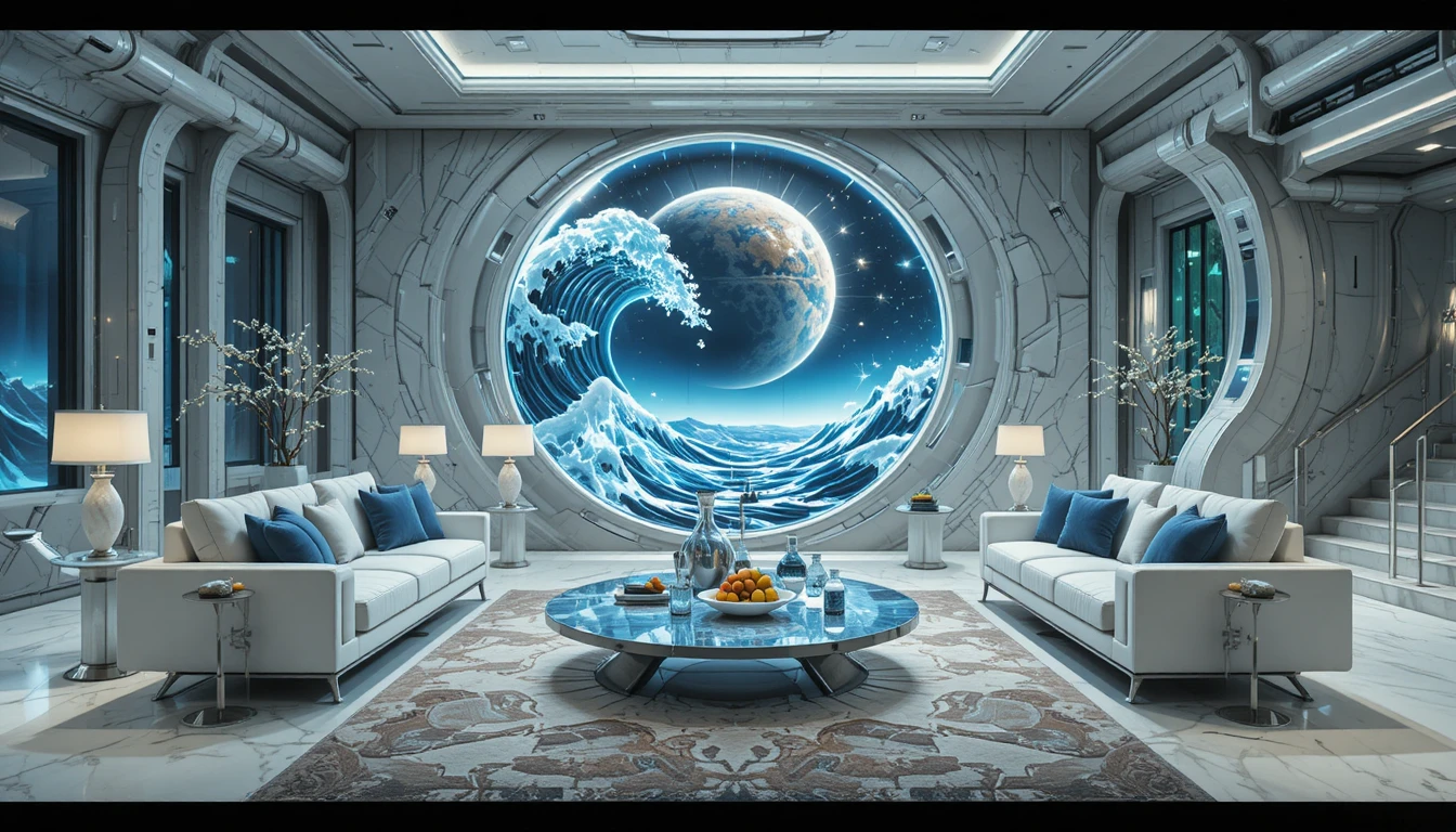 Abstract geometric wall art in a futuristic living room