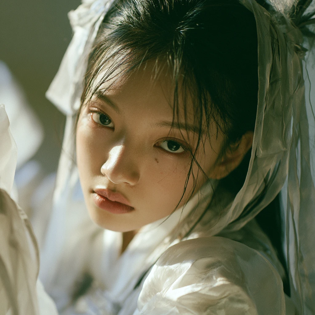 Young woman in white traditional dress in soft outdoor light