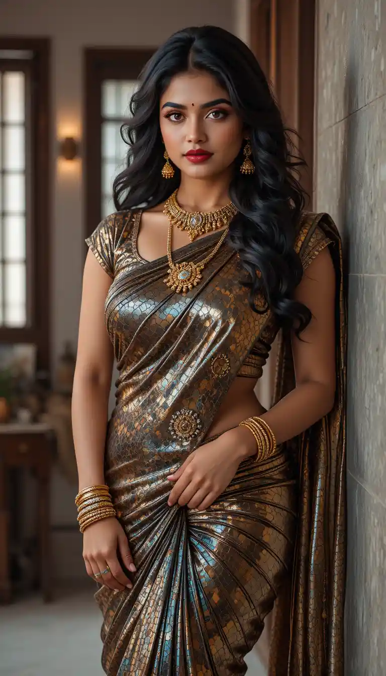Tamil woman in glossy mirror saree bending elegantly indoors