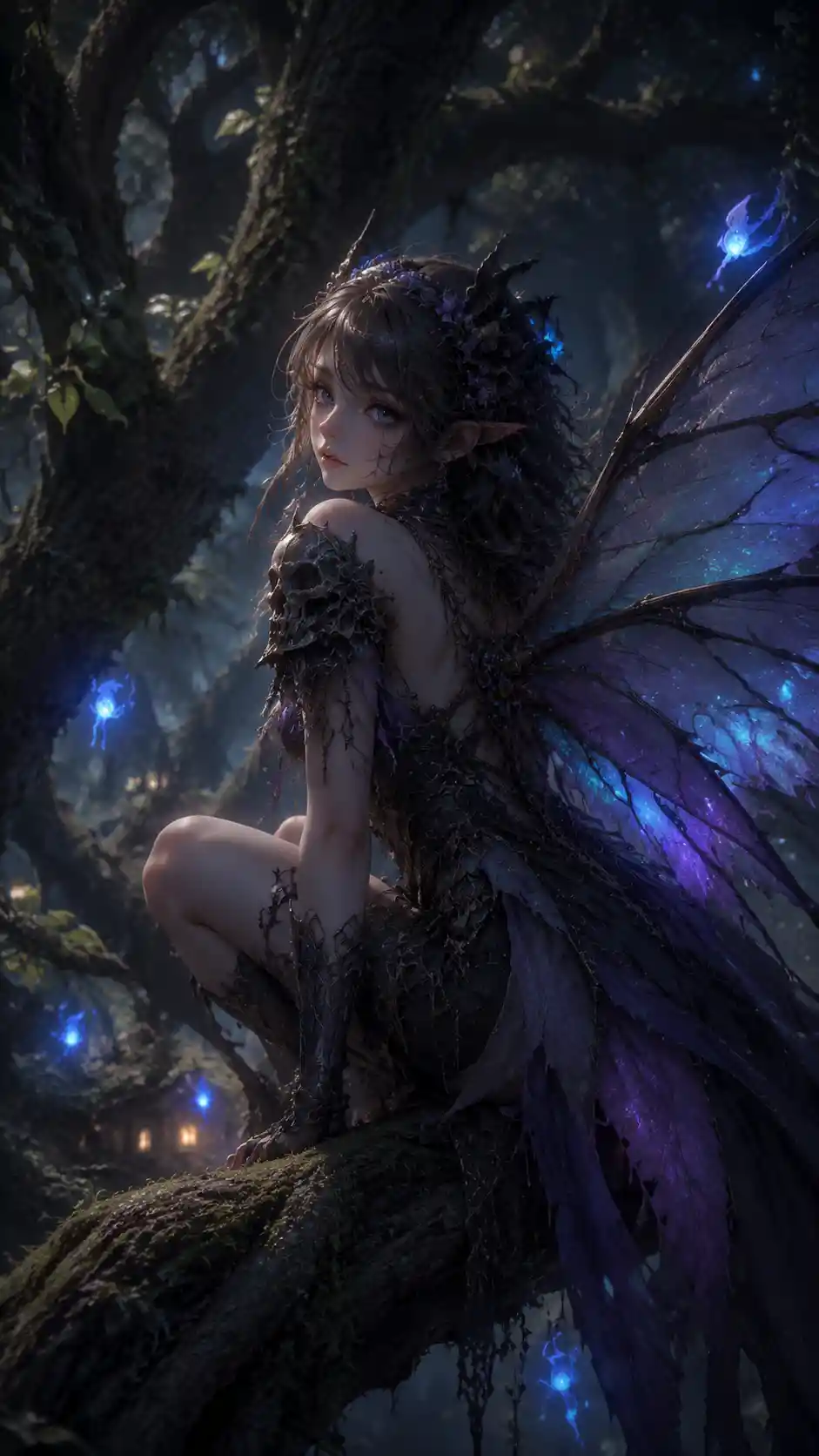 Winged guardian among ancient trees with ghostly lights