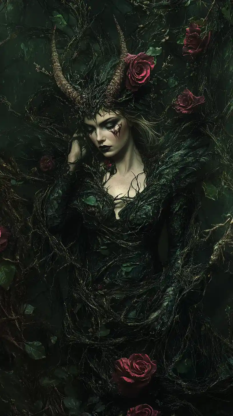 Dark fairy queen commanding living thorns in forest