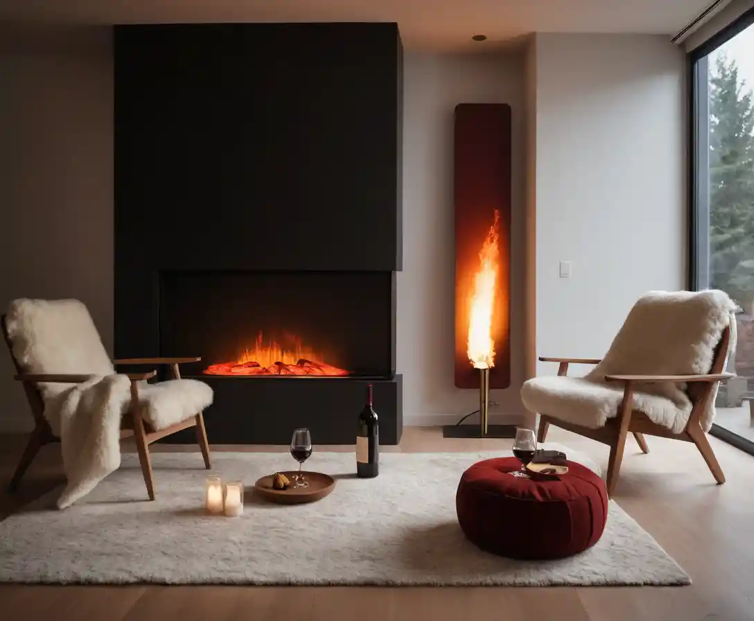 Couple sharing red wine by fireplace in dim living room