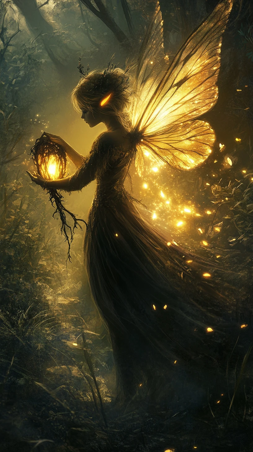 Fairy guiding with a glowing root lantern in forest