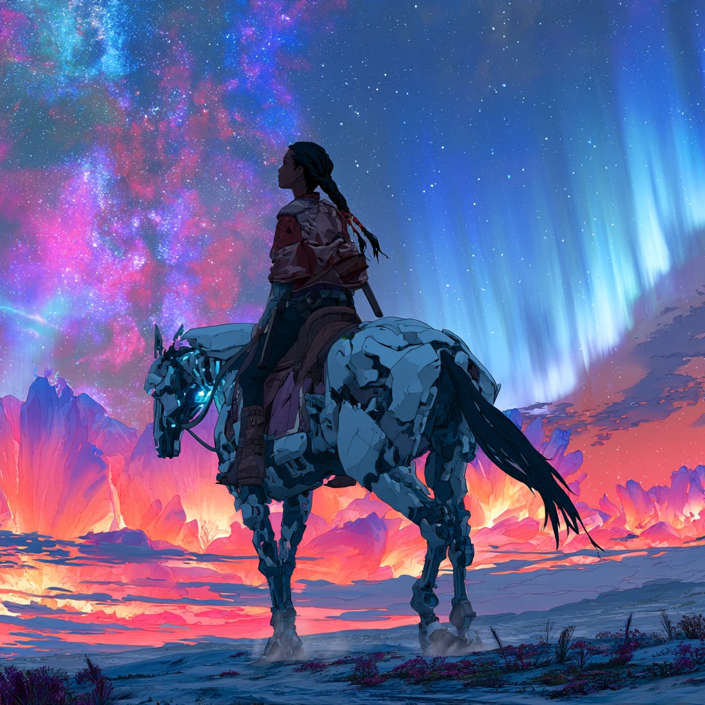 Cyberpunk warrior woman riding robotic horse in cosmic bloom