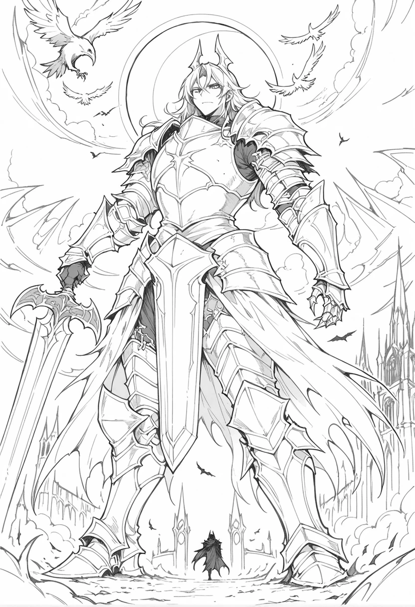 Dark knight with greatsword before eclipse and ruined cathedral