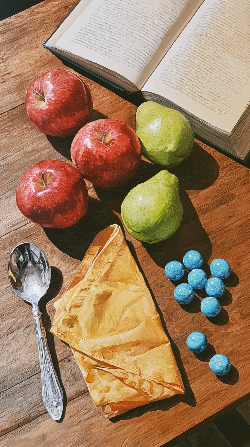 Still life of fruit, book and utensils on wooden table