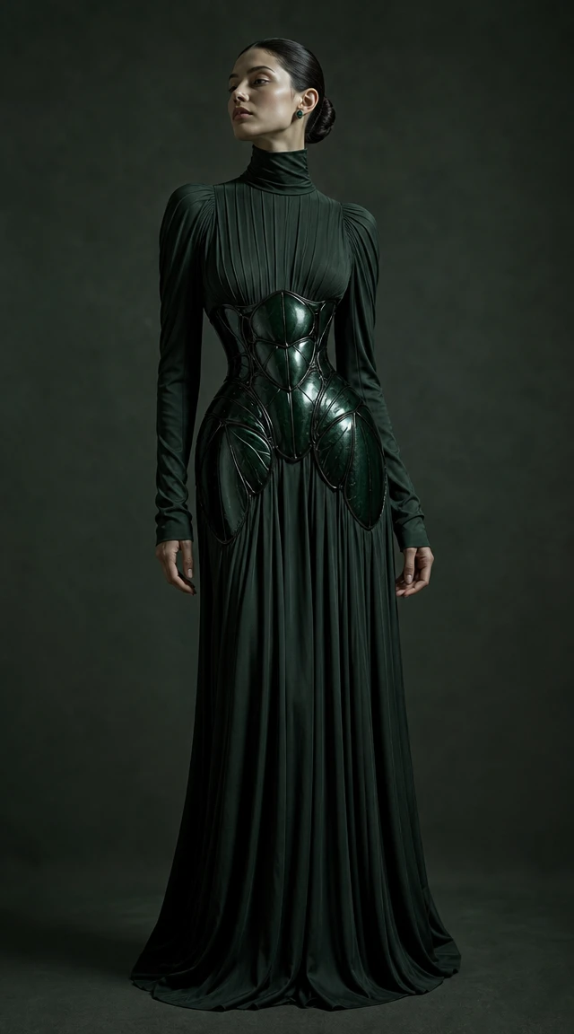 Woman in beetle shell corset dress in fine art style
