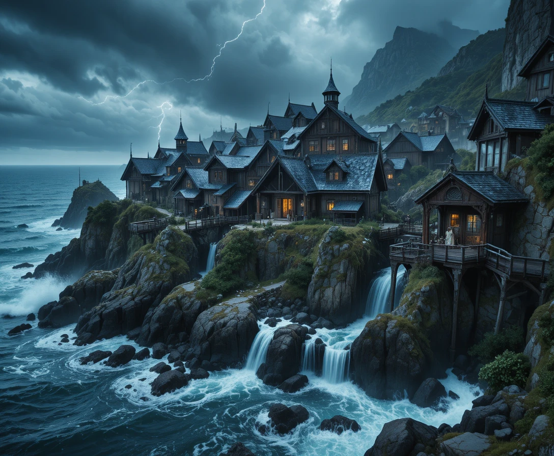 Epic medieval coastal village under stormy dramatic skies