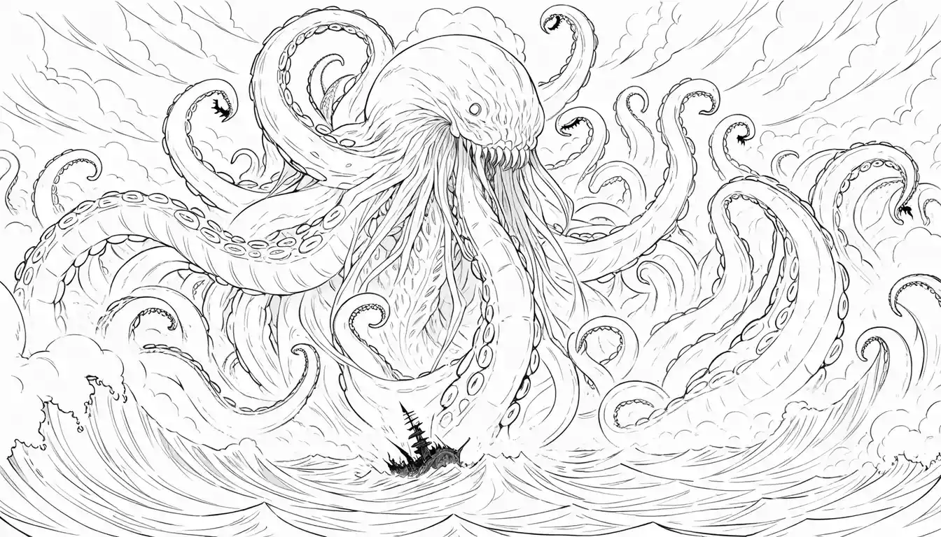 Ancient sea monster rising from stormy ocean waves