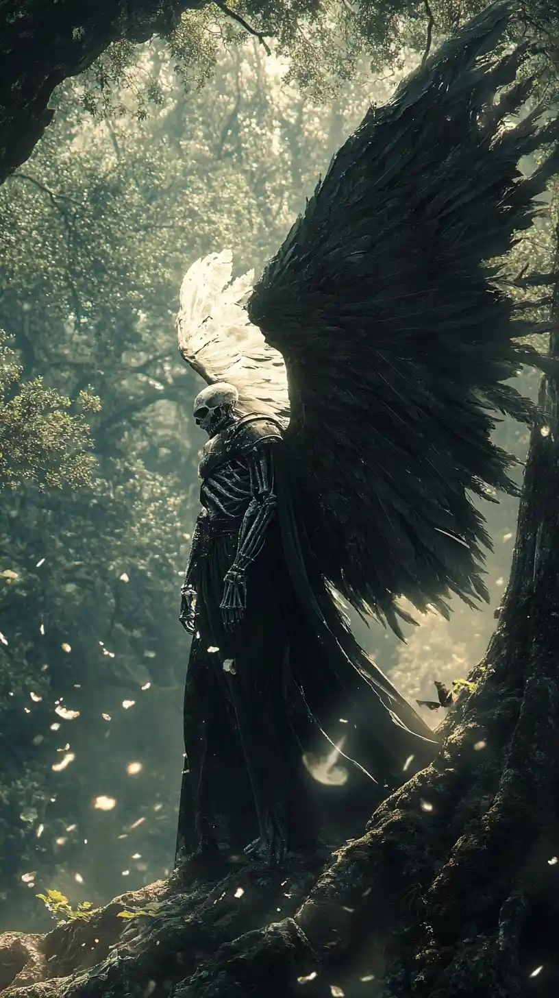Winged guardian perched among ancient shadowed forest trees